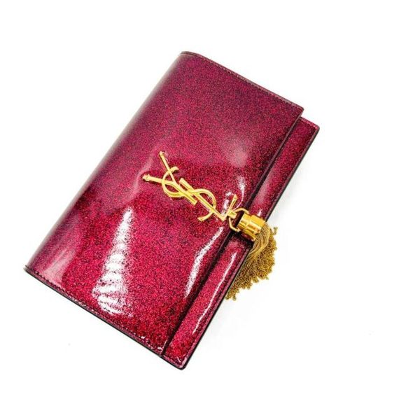 Saint Laurent Monogram Kate Chain Wallet Glitter Tassel Red Patent Leather Shoul - Picture 8 of 12